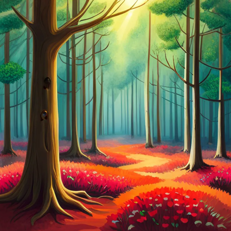 Lisa ist im Zauberwald umgeben von hohe Bäumen, Blumen und Pilzen