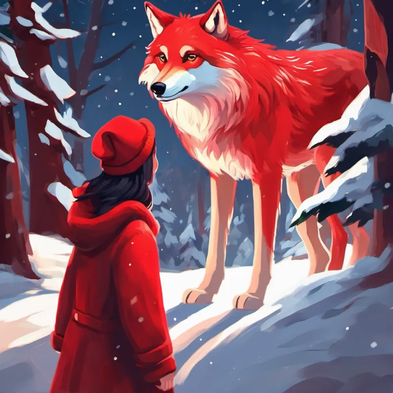 Little Red cautiously interacts with the wolf.