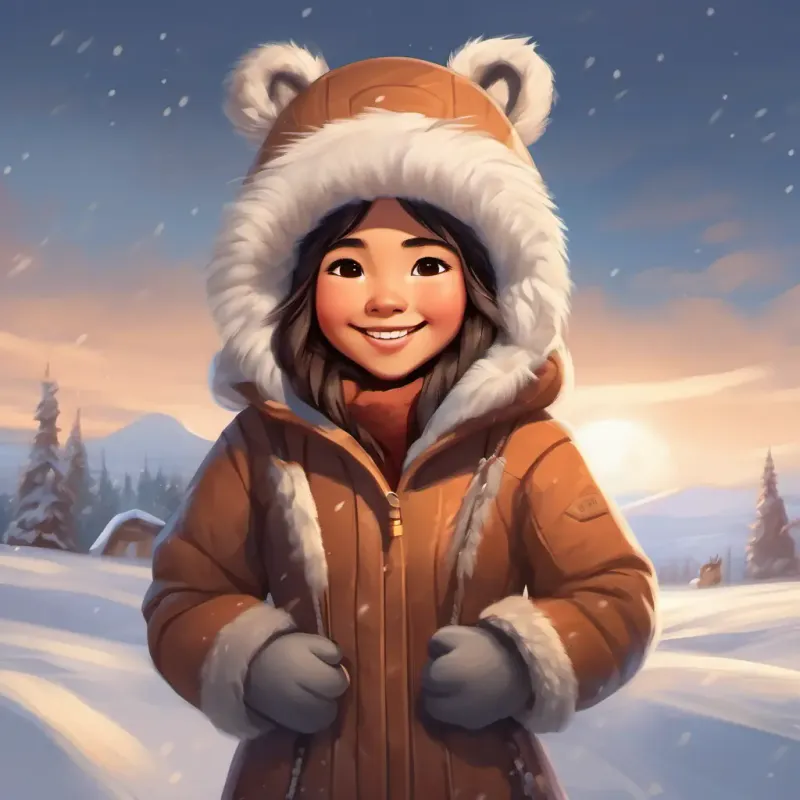 Smiling Inuit girl, with brown eyes and warm fur-lined outfit wearing a warm fur-lined hood, standing in a snowy Arctic landscape, smiling with excitement.