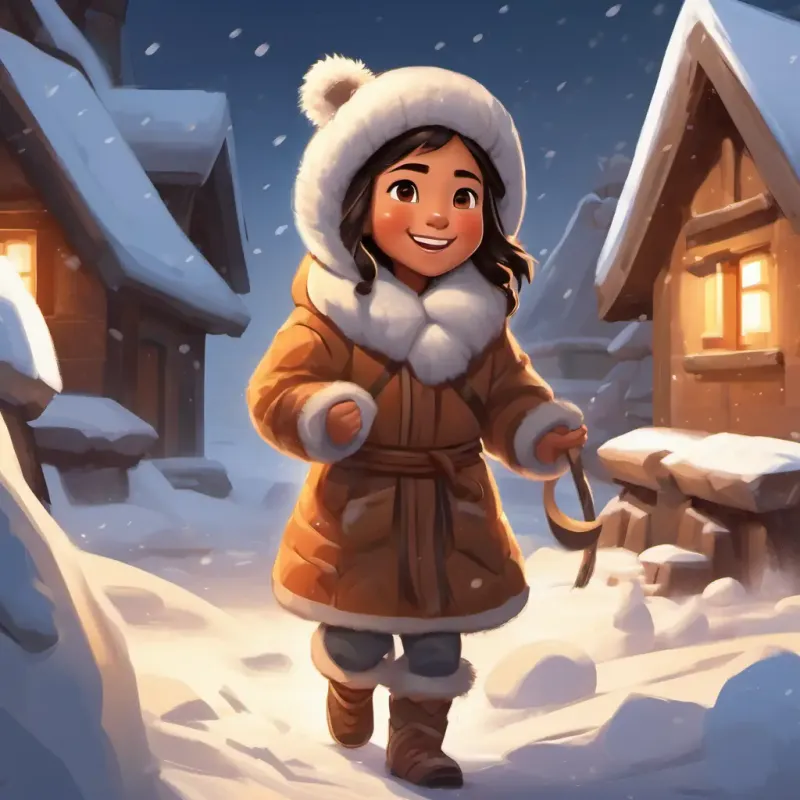 Smiling Inuit girl, with brown eyes and warm fur-lined outfit shaping snow blocks with determination, with her family in the background, cheering her on.