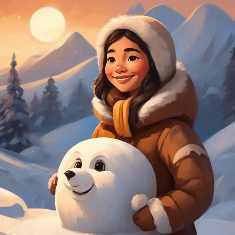 Smiling Inuit girl, with brown eyes and warm fur-lined outfit standing proudly next to a growing igloo, beaming with pride.