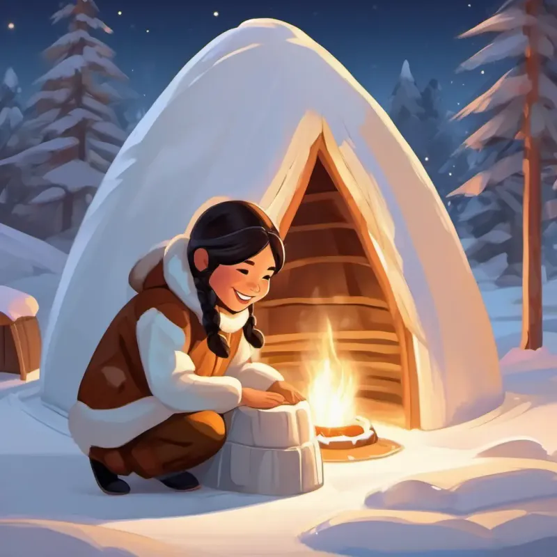 Smiling Inuit girl, with brown eyes and warm fur-lined outfit putting the finishing touches on her beautiful, cozy igloo, with her family happily clapping and hugging.