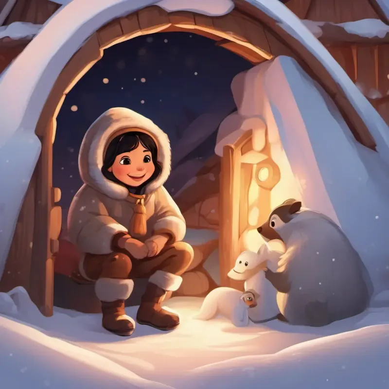 Smiling Inuit girl, with brown eyes and warm fur-lined outfit inside the igloo, surrounded by her family, laughing and playing together.