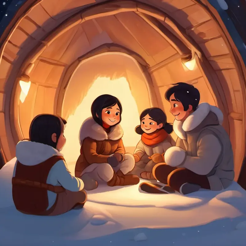 Smiling Inuit girl, with brown eyes and warm fur-lined outfit and her family sitting in the igloo, smiling and telling tales to each other.