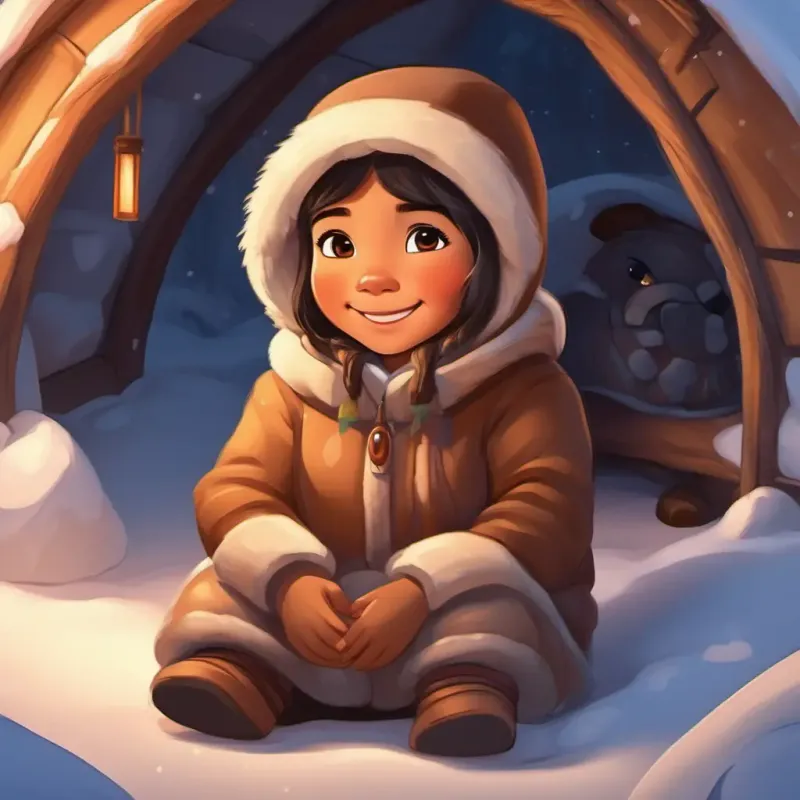 Smiling Inuit girl, with brown eyes and warm fur-lined outfit tucked snugly inside the igloo, surrounded by warmth and love, feeling happy and content.