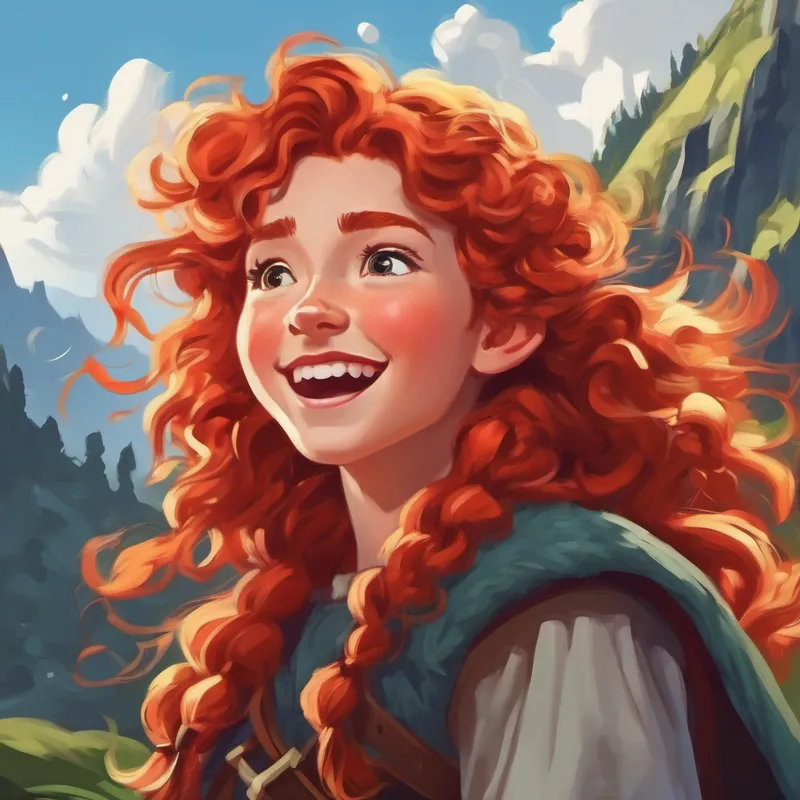 Red-haired Viking girl with curly hair waking up with excitement
