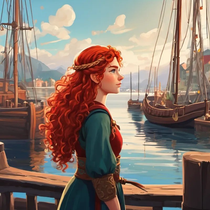 Red-haired Viking girl with curly hair standing at the harbor