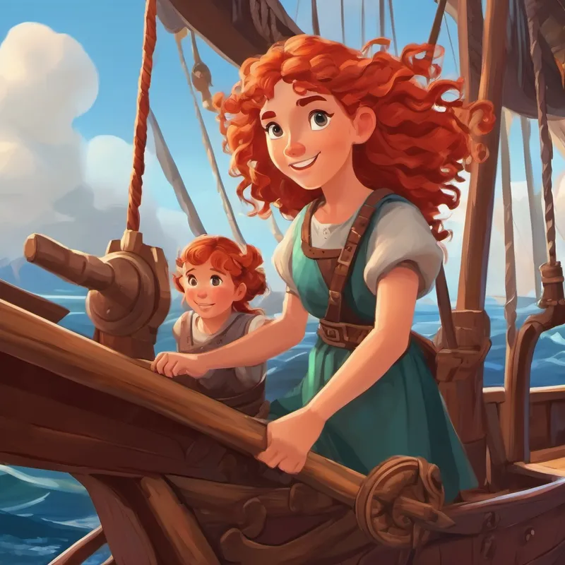 Red-haired Viking girl with curly hair helping her father load the ship