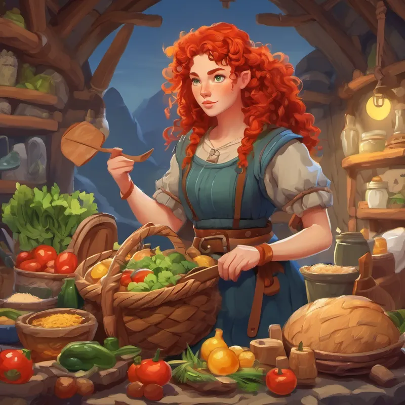 Red-haired Viking girl with curly hair with food and supplies for the journey