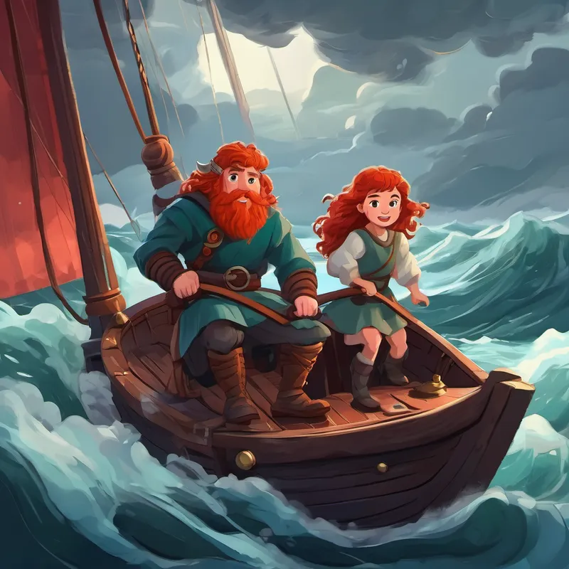 Red-haired Viking girl with curly hair and her father sailing in a storm
