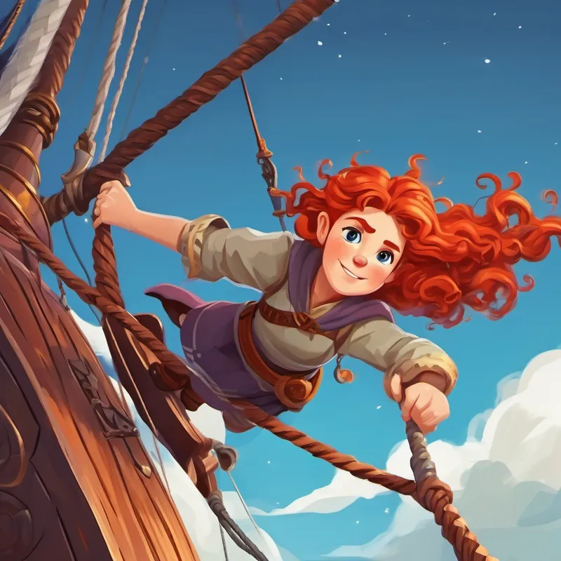 Red-haired Viking girl with curly hair climbing the mast of the ship