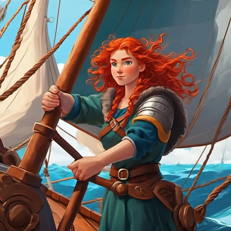 Red-haired Viking girl with curly hair securing the sail to keep the ship safe