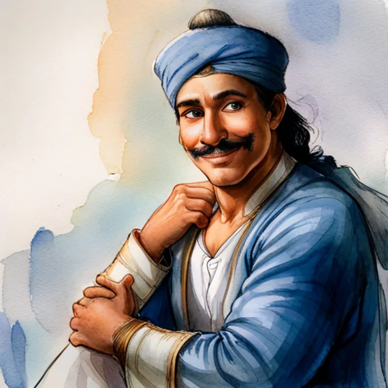 Aladdin - kind-hearted father, wearing blue tunic smiling and wearing a blue tunic