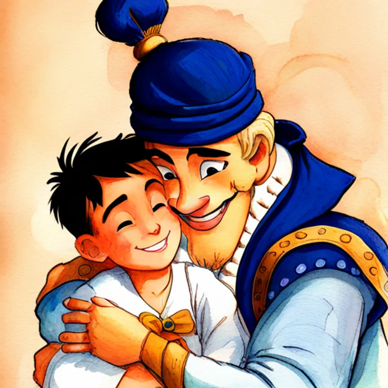 Aladdin - kind-hearted father, wearing blue tunic hugging his son with a big smile
