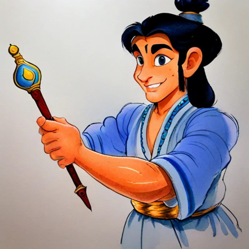 Aladdin - kind-hearted father, wearing blue tunic determined and holding a sword