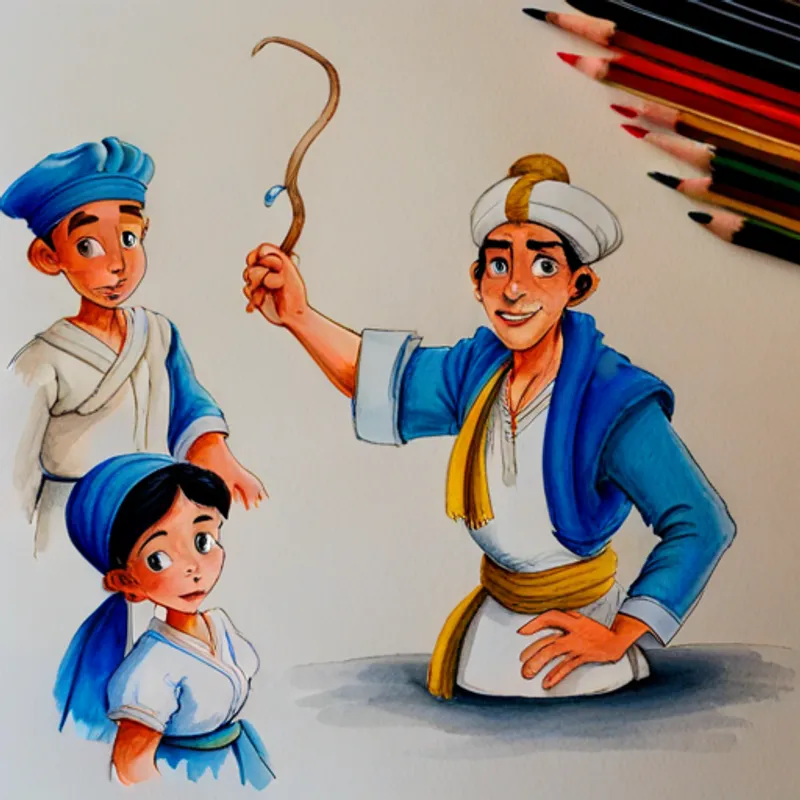 Aladdin - kind-hearted father, wearing blue tunic and the villagers forming a strategy