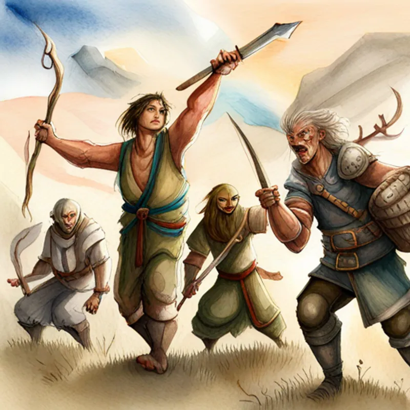 Villagers - diverse group, united and brave fighting the monster with weapons and magic