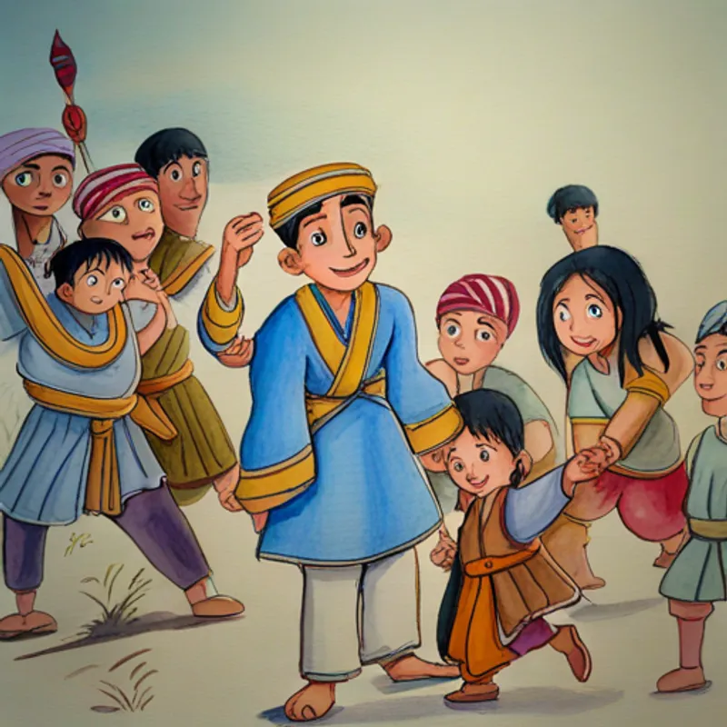 Aladdin - kind-hearted father, wearing blue tunic and the villagers celebrating their victory