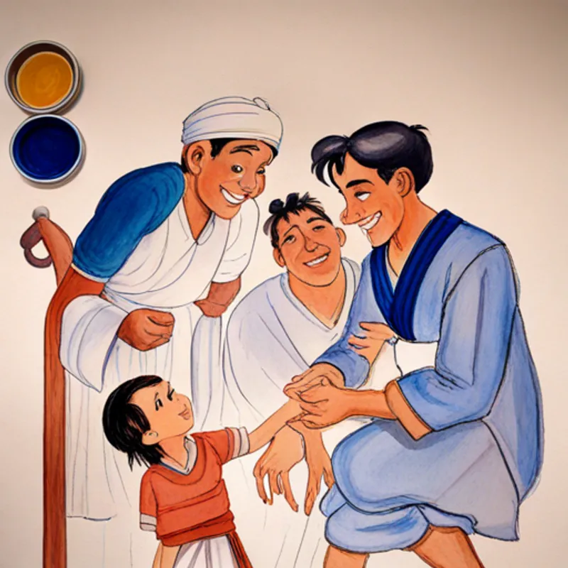 Aladdin - kind-hearted father, wearing blue tunic with his son, surrounded by thankful villagers