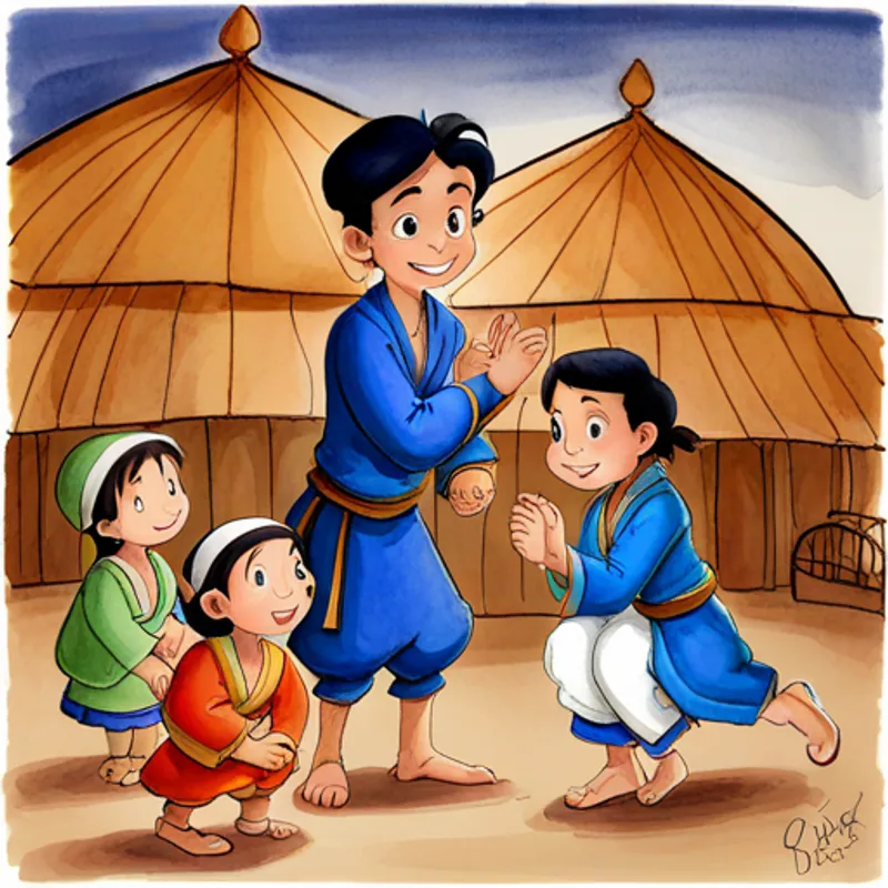 Aladdin - kind-hearted father, wearing blue tunic, his son, and the villagers smiling together