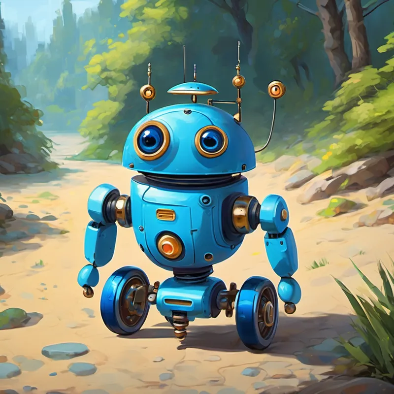 Small blue robot with two antennas, big round eyes is a small blue robot with two antennas on its head. It stands on two wheels and has big round eyes.