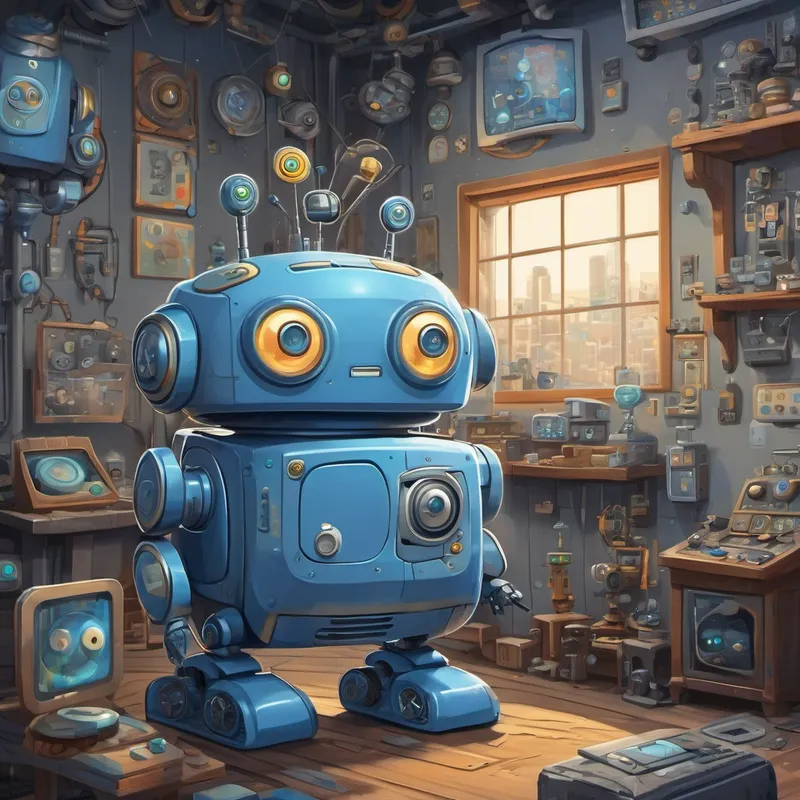 Small blue robot with two antennas, big round eyes and Old robot with a wise look, gray color, and a big smile are standing in a room filled with buttons and screens.