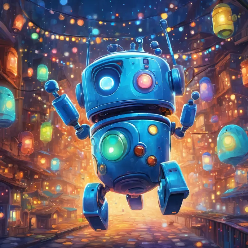 Small blue robot with two antennas, big round eyes is surrounded by colorful lights and is jumping up and down with excitement.