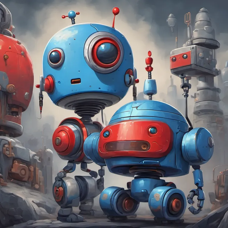 Small blue robot with two antennas, big round eyes looks upset, with red face and steam coming out of its ears, while Old robot with a wise look, gray color, and a big smile is calmly explaining.