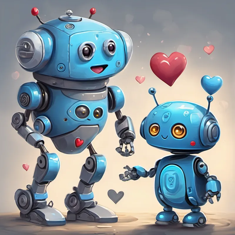 Small blue robot with two antennas, big round eyes is surrounded by hearts and looks very happy, while Old robot with a wise look, gray color, and a big smile is smiling.