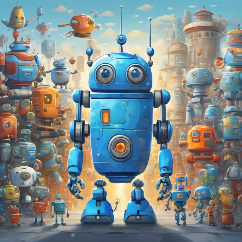 Small blue robot with two antennas, big round eyes and Old robot with a wise look, gray color, and a big smile are holding hands, surrounded by happy people and other colorful robots.