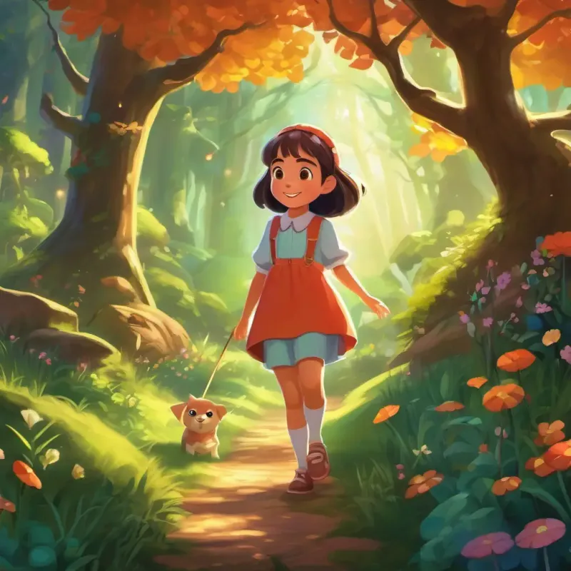 Introduction to the magical land and the main character, cheerful girl, with bright eyes and a curious smile. Setting: Enchanted forest.