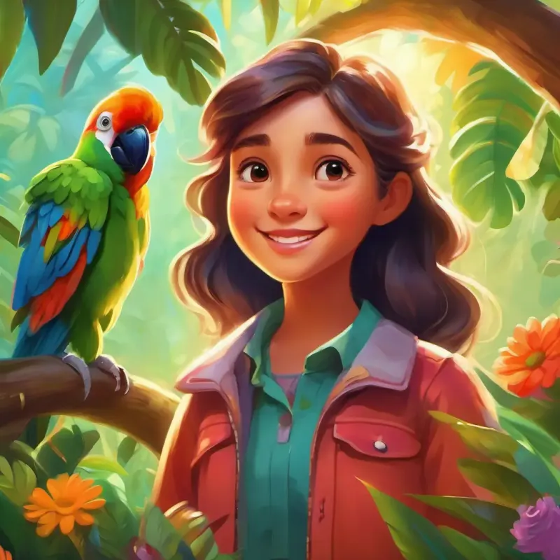 cheerful girl, with bright eyes and a curious smile begins her journey and meets a colorful parrot. Setting: Sunlit glade.