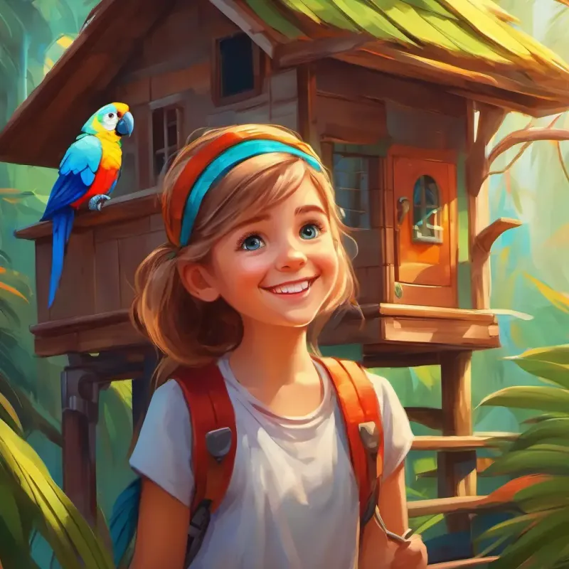 cheerful girl, with bright eyes and a curious smile learns the parrot's language through patience and determination. Setting: vibrant feathers, with a colorful beak's treehouse.