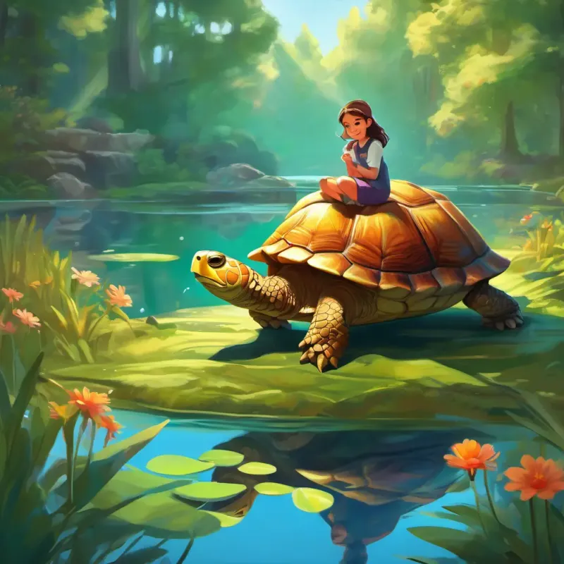 cheerful girl, with bright eyes and a curious smile meets a wise old turtle and learns the language of riddles. Setting: Tranquil pond.