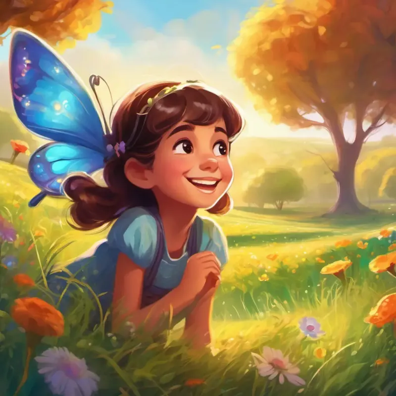 cheerful girl, with bright eyes and a curious smile befriends a playful pixie and learns the language of laughter. Setting: Sparkling meadow.