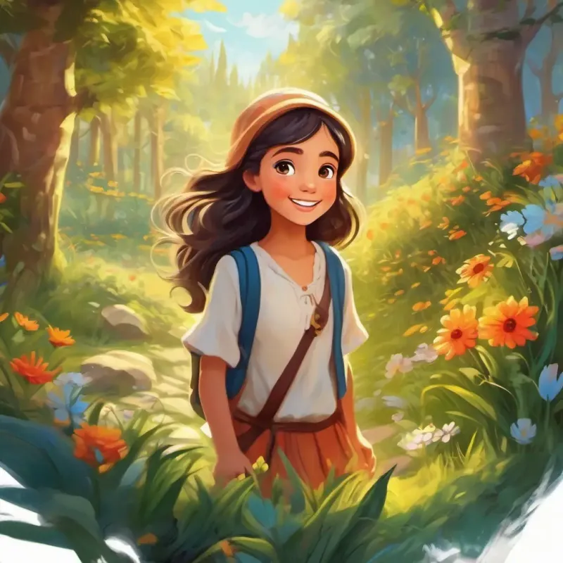 cheerful girl, with bright eyes and a curious smile discovers the importance of understanding and unity through language. Setting: Magical land.