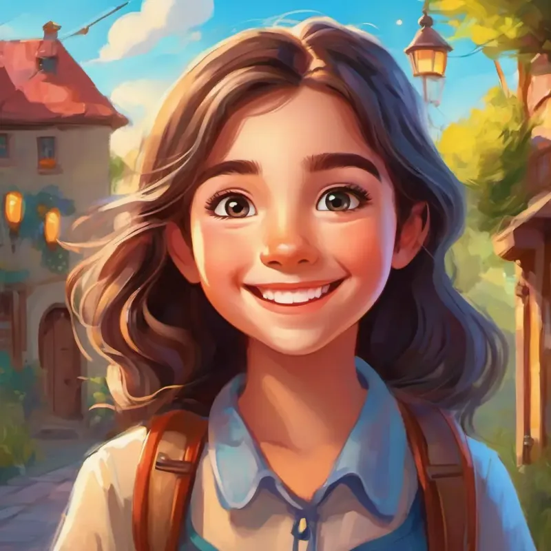 cheerful girl, with bright eyes and a curious smile returns home with newfound wisdom and a heart full of love. Setting: cheerful girl, with bright eyes and a curious smile's home.