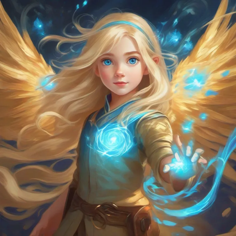 Blond hair, blue eyes, with newfound magic powers. with blond hair and blue eyes discovers magic powers.