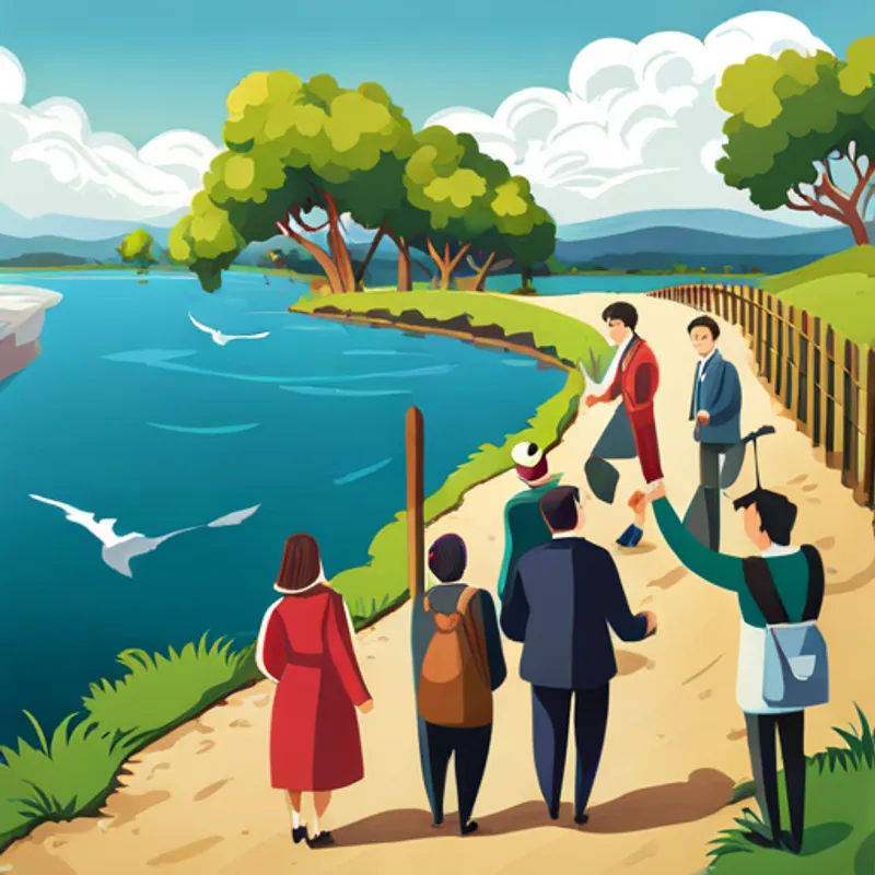 Horn Funding holding a map, with smiling people following them along a path