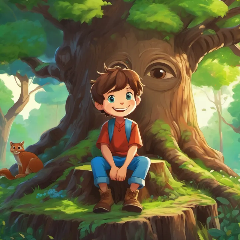 A happy boy with brown hair and sparkling blue eyes and A wise tree with green leaves and a friendly smile sitting on a big tree stump, surrounded by tall trees and happy animals