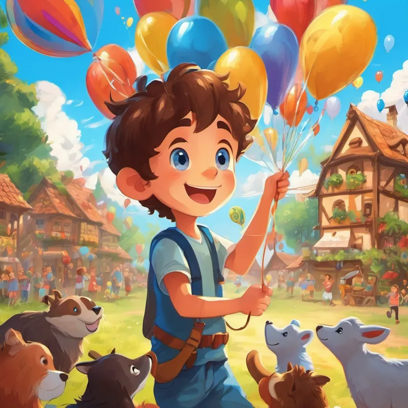 A happy boy with brown hair and sparkling blue eyes and his animal friends having fun at the festival, balloons and treats everywhere