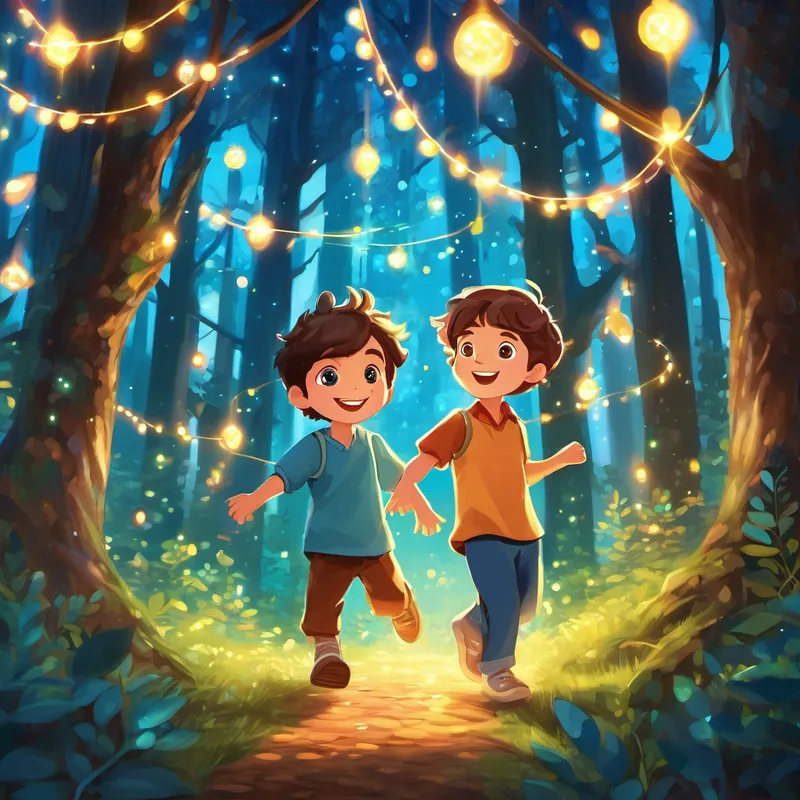 A happy boy with brown hair and sparkling blue eyes and his friends dancing with the wise trees, magical lights illuminating the forest
