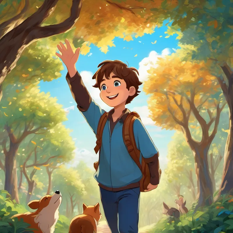 A happy boy with brown hair and sparkling blue eyes waving goodbye to his furry friends, trees waving their branches in farewell