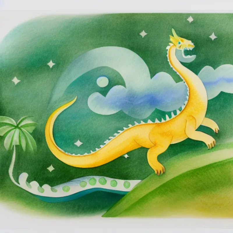 Friendly dragon with green skin and yellow wings in a colorful village