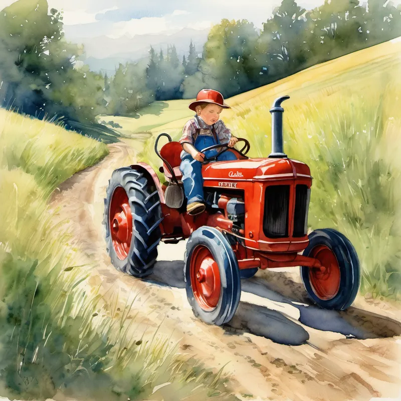 They made their way to the backyard, where the tractor waited for them, ready to take them on a joyous ride. Clark hopped on his dad's lap, and with a turn of a key, the engine roared to life. Off they went, cruising down the country road, leaving behind trails of dust as they ventured into the wilderness. As they drove through the fields, listening to the birds chirping and feeling the warm breeze on their faces, a little creature suddenly caught their attention. It was a small bunny hopping around, looking lost and sad. Clark gasped, "Oh no, Dad! That bunny looks lonely! We should help it!"