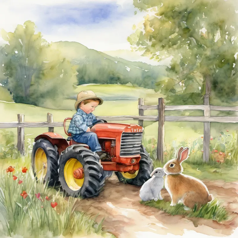 Dad agreed, understanding Clark's kind heart. They decided to slow down the tractor and carefully approached the bunny, hoping not to scare it away. With gentle movements, they managed to get closer, and Clark extended his hand with a friendly smile. The bunny hesitated at first but then hopped closer, sensing Clark's genuine intentions. It seemed the bunny had found a new friend. Clark picked up the bunny carefully, cradling it in his arms. Dad and Clark shared a proud and happy look. They knew they had made a special bond with a little furry friend. Still, they couldn't forget their original adventure to the pond.