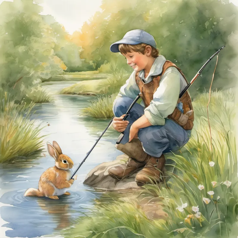So, holding the bunny securely, they continued their journey to the peaceful pond. Along the way, they encountered many other fascinating creatures like friendly ducks, squirrels chasing each other, and even a wise old turtle. Clark and his dad marveled at the beauty of nature, feeling blessed to have each other's companionship on their amazing adventure. Finally, they reached the pond and found a cozy spot near the water. Dad set up his fishing rod while Clark gently placed the bunny on the soft grass, making sure it was safe. As they cast their lines and waited patiently for the fish to bite, Clark couldn't help but feel grateful for their newfound furry friend. "Dad," Clark said, "it's amazing how friendship makes every adventure more special."