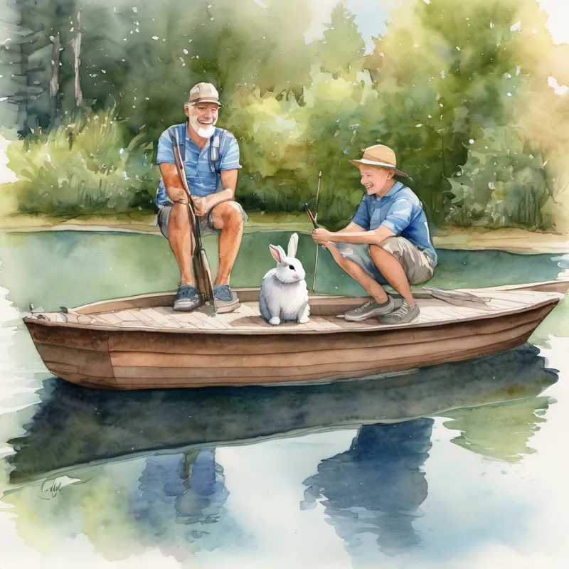 Dad nodded, his eyes filled with pride. "That's true, Clark. Sharing our adventures with others creates memories that last a lifetime. Whether it's with our furry friends or the people we care about, friendship always adds an extra sparkle to our lives." And as they fished together, Clark, his dad, and their little bunny friend enjoyed the tranquil beauty of the pond, knowing that the bond they had formed would bring them joy and happiness for many more adventures to come.