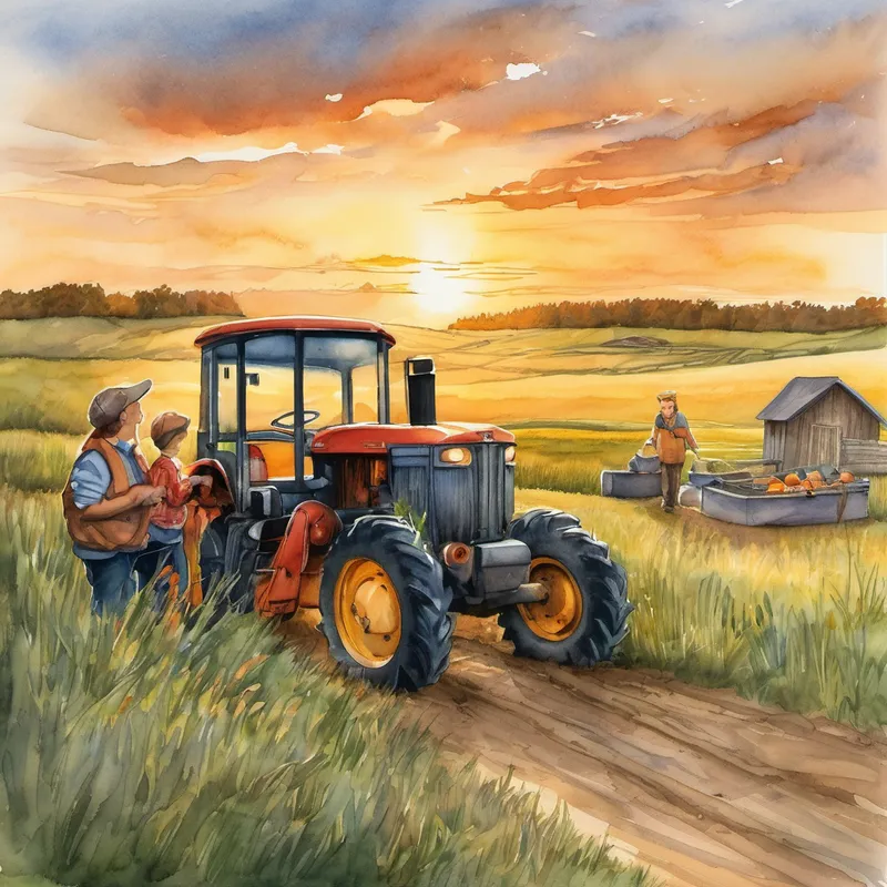 As the sun started to set, turning the sky into a magnificent blend of golden and orange hues, Clark and his dad packed up their fishing gear. They bid farewell to their newfound friends, promising to return soon with more love and laughter. Hand in hand, Clark and his dad started the tractor, heading back home, their hearts filled with the warmth of friendship and memories that would forever be cherished. And as their shiny red tractor drove back into the distance, the bunny watched with joy, knowing it had found a loving family.