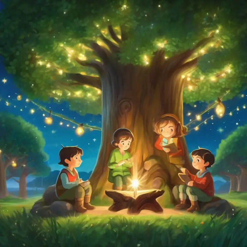 Evergreen tree; green with twinkling lights, brown trunk introduced, children decorating the tree